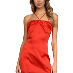 Lulus Red Satin Halter Mini Dress Chic for the Night Sz: L